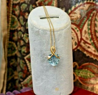 Vintage Retro 14k Gold Heart - Shaped Blue Topaz Diamond Pendant Chain Necklace
