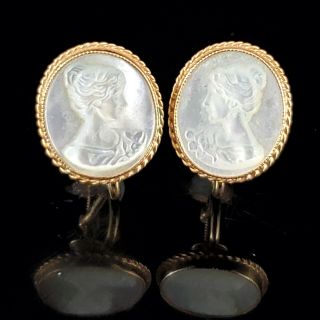 Estate 14k Yellow Gold Mother Of Pearl Cameo Earrings Vintage Retro Non Pierced