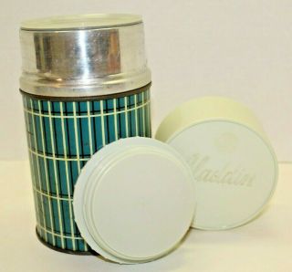 Vintage Aladdin Hy - Lo Metal Thermos Bottle Green Blue Plaid Pint Wide Mouth