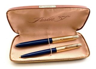 Vintage Parker 51 Set Fountain Pen & Ball Point In Blue W/box (ar3330)