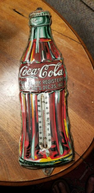 Vintage 1934 Coca Cola Tin Metal Sign Christmas Bottle 1923 Thermometer Rare