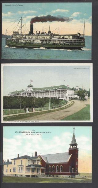 (3) Vintage Michigan Postcards - Mackinac Island/ Alpena/st Ignace - Unposted