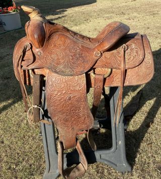 Vintage Montgomery Cowboy Western Leather Saddle 15 1/2 " Padded Seat 6 " Gullet