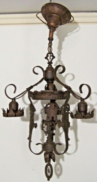 Vintage Arts Crafts Deco Gothic Cast Iron 3 Light Chandelier Ceiling Fixture