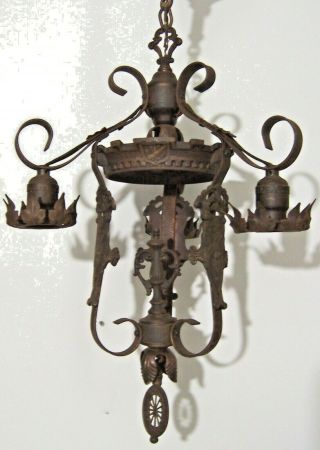 Vintage Arts Crafts Deco Gothic Cast Iron 3 Light Chandelier Ceiling Fixture 2