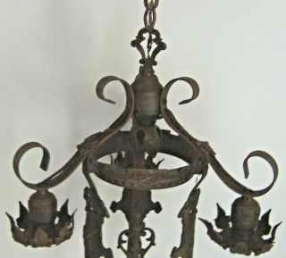 Vintage Arts Crafts Deco Gothic Cast Iron 3 Light Chandelier Ceiling Fixture 3