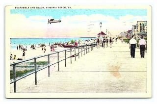 Vintage Postcard Boardwalk And Beach Virginia Beach Va Plane C.  1934 B7