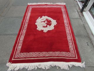 Vintage Hand Made Art Deco Chinese Oriental Red Wool Small Rug 180x124cm