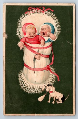 Vintage Postcards Twin Babies Boy Girl Crying Puppy Dog Drinking Milk Bottle D5
