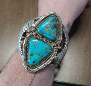 Vtg Large Navajo Old Pawn Stamped Turquoise Sterling Silver Cuff Bracelet 75g