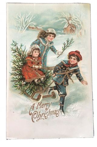 Vintage Christmas Postcard - Children On Sled/ Gold Embossing 1907