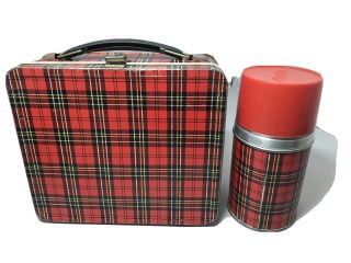 Vintage Lunch Box Plaid By Aladdin With Metal Aladdin Cork Top Thermos
