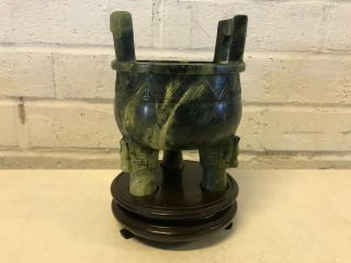 Old Vintage Chinese Spinach Jade Incense Burner Censer Carved Feet On Wood Stand