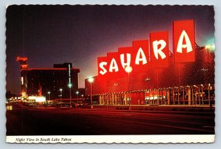 Vintage Postcard Sahara Night View In South Lake Tahoe Barneys Casino Harveys