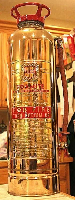 Rare Antique Vintage " Alfco Foamite " Brass Fire Extinguisher - Polished Restored