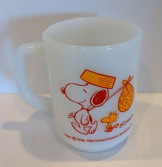 Vintage Peanuts Snoopy Come Home Anchor Hocking Fire - King Mug Snoopy & Woodstock