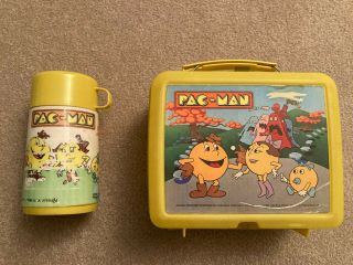Vintage Pac - Man Cartoon Tv Series Plastic Lunchbox W/thermos By Aladdin 1982 - 83