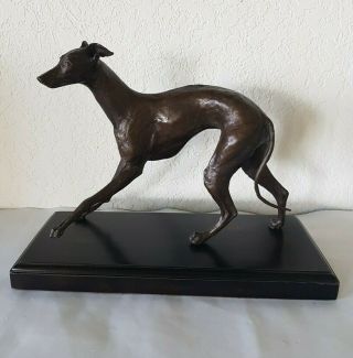 Vintage Bronze Metal Whippet Dog Art Figure Sculpture Wood Base Greyhound 11 " L