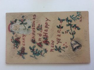 Vintage 1908 Hand Drawn Merry Christmas & Happy Year Postcard,  Santa