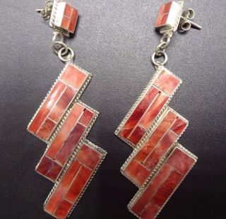 Vintage Navajo Sterling Silver Orange Spiny Oyster Shell Channel Inlay Earrings