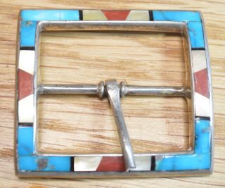 Vintage Sterling Silver Inlay Turquoise Coral And Mop Belt Buckle 4859
