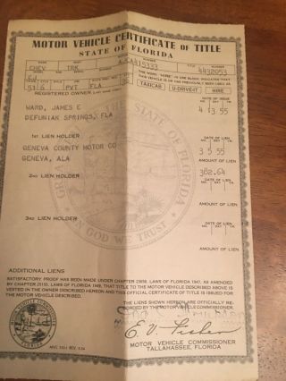 1951 Chevrolet Truck Pickup Title Vintage Historical Document Barn Find 50 52
