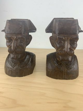 Vintage Solid Wood Carved Male Head Bust Bookends