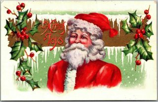 Vintage Christmas Embossed Postcard Santa Claus In Red Suit & Cap / Holly C1910s