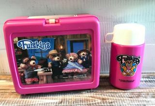 Vintage 1986 Furskins Pink Plastic Lunch Box With Thermos 80’s Teddy Bears