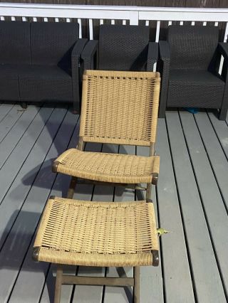 Hans J.  Wegner Vintage Mid Century Modern Woven Rope Folding Chair W/ Foot Rest
