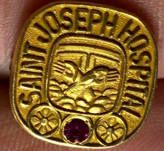 Vtg St.  Joseph Hospital Award Service Pin 10k Gold Filled Red Stone Ruby