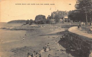 Vtg Postcard Bathing Beach Boys Swimming Shore Club Bar Harbor Maine Me / B20