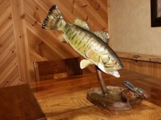 Smallmouth Bass Wood Carving Fish Taxidermy Vintage Fish Decoy Casey Edwards