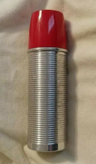 Vintage American Thermos Bottle Co Ridged Metal Thermos W Cup & Cork Stopper