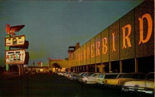 Vintage Postcard Las Vegas Nevada Thunderbird Hotel Signs Class Cars Americana