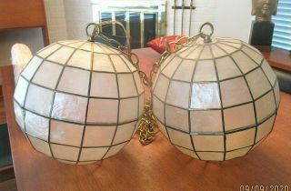 Two (2) Vintage Capiz Shell Globe Swag Lamps Pendant Lantern Spaghetti Mcm Retro