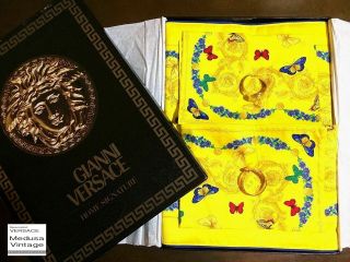 Gianni Versace Vintage Yellow Table Set Box Place Mat Cloth Napkin Ring Baroque