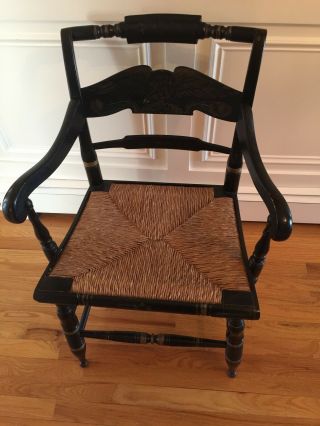 Ethan Allen Vintage Hitchcock Arm Chair,  Rush Seat,  Black Lacquer,  Stenciled