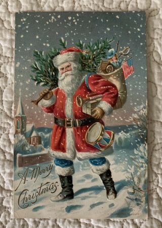 Vintage Antique Christmas Santa Toys Drum American Flag Postcard