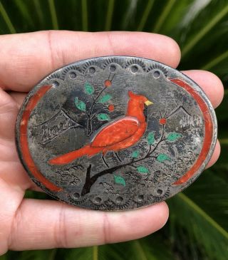 Vintage Zuni Henry & Linda Barber Sterling Silver Red Cardinal Bird Belt Buckle