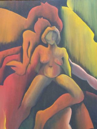 Vintage Oil Painting Abstract Nude Woman MCM Portrait Expressionist Mid Century 3