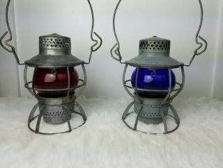 Vintage Lantern Antique Dressel Red & Blue Glass Railroad Lights Arlington N.  J.