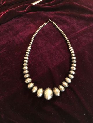 Vintage Navajo Sterling Silver Pearl Bench Bead Necklace Marked Lz 24” 87.  2 Gram
