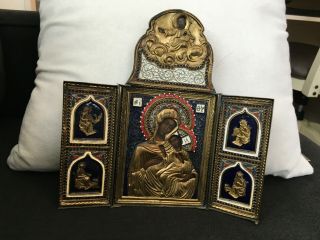 Vintage Russian Orthodox Bronze? & Enamel Icon Tri Fold Virgin Mary & Child Vgc
