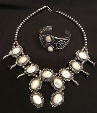 Vintage Native American Navajo Squash Blossom Mop Necklace And Bracelet