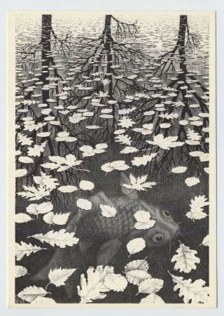 Three Worlds M C Escher Vintage Schurman Art Postcard Drie Werelden Surrealism