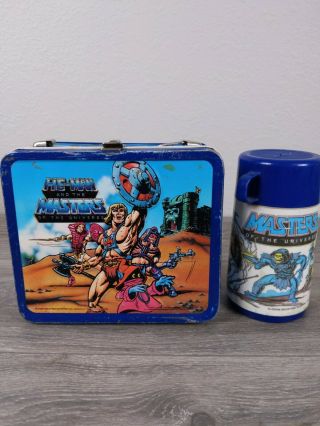 Vintage He Man Metal Lunch Box From 1984.  With Thermos