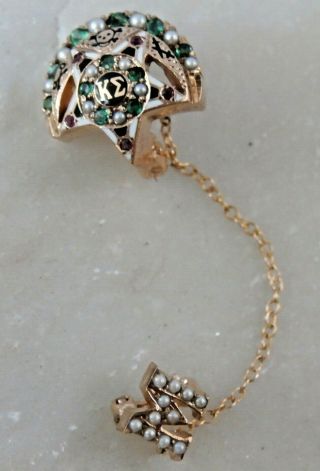 Vintage 14k Gold Kappa Sigma Emerald Ruby Pearl Skull Bones Fraternity Badge Pin
