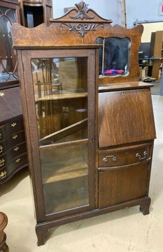 Vintage Side By Side Wooden Bookcase Display Cabinet With Secretary Desk