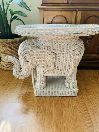 Vintage White Wicker Large Elephant Accent Art Deco Table Plant Stand
